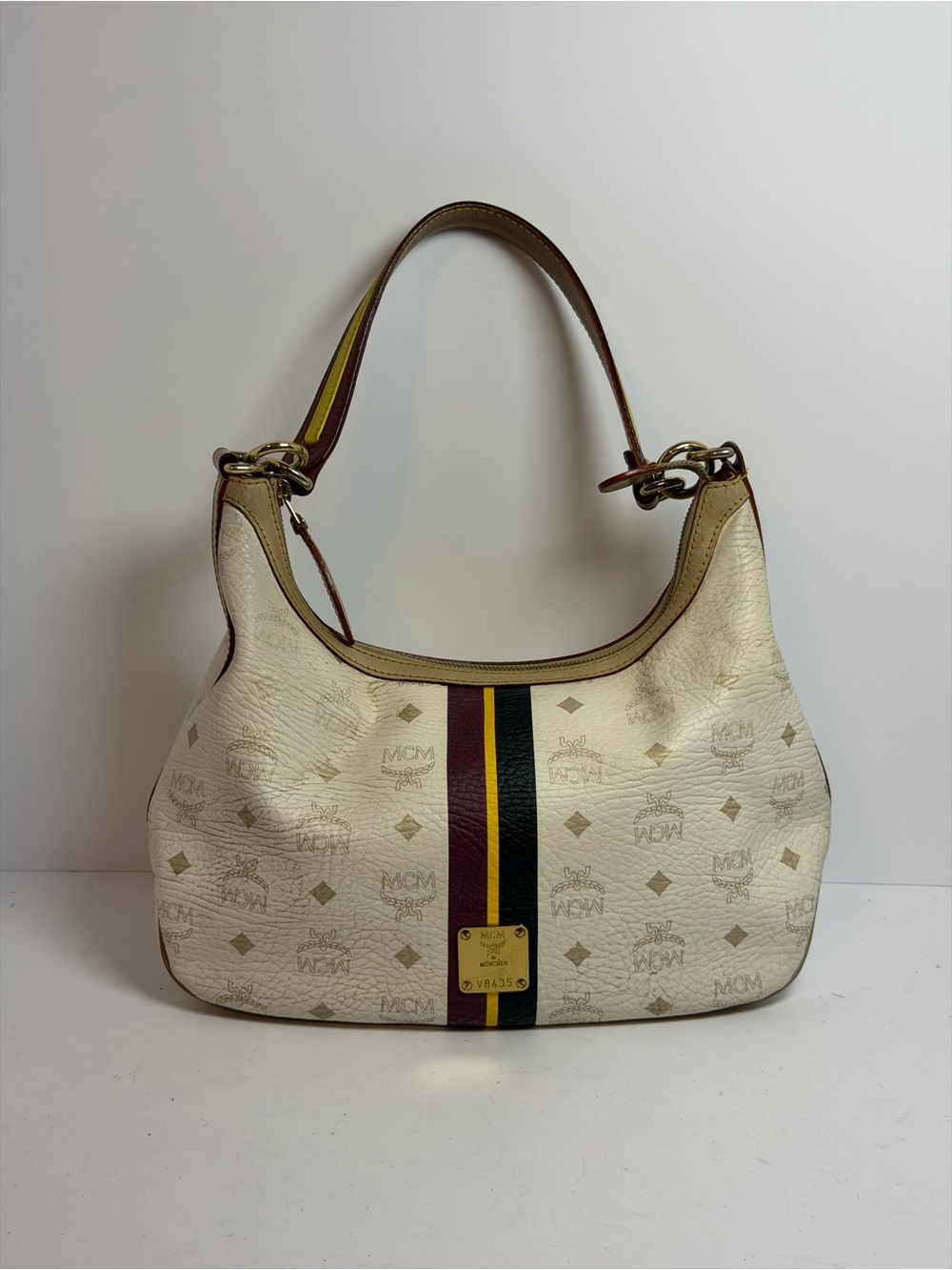 MCM Visetos White Monogram Striped Hobo Shoulder Bag